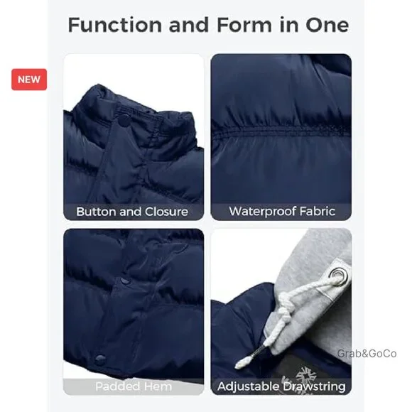 Men's Thick Winter Vest Water-Resistant Puffer Jacket Removable Hood